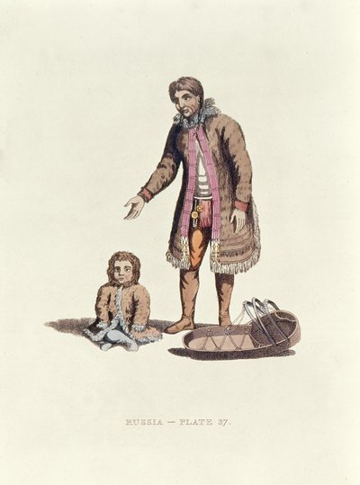 Samoyed woman with her baby and a cradle from Dress of the Russians, 1814 by William Alexander